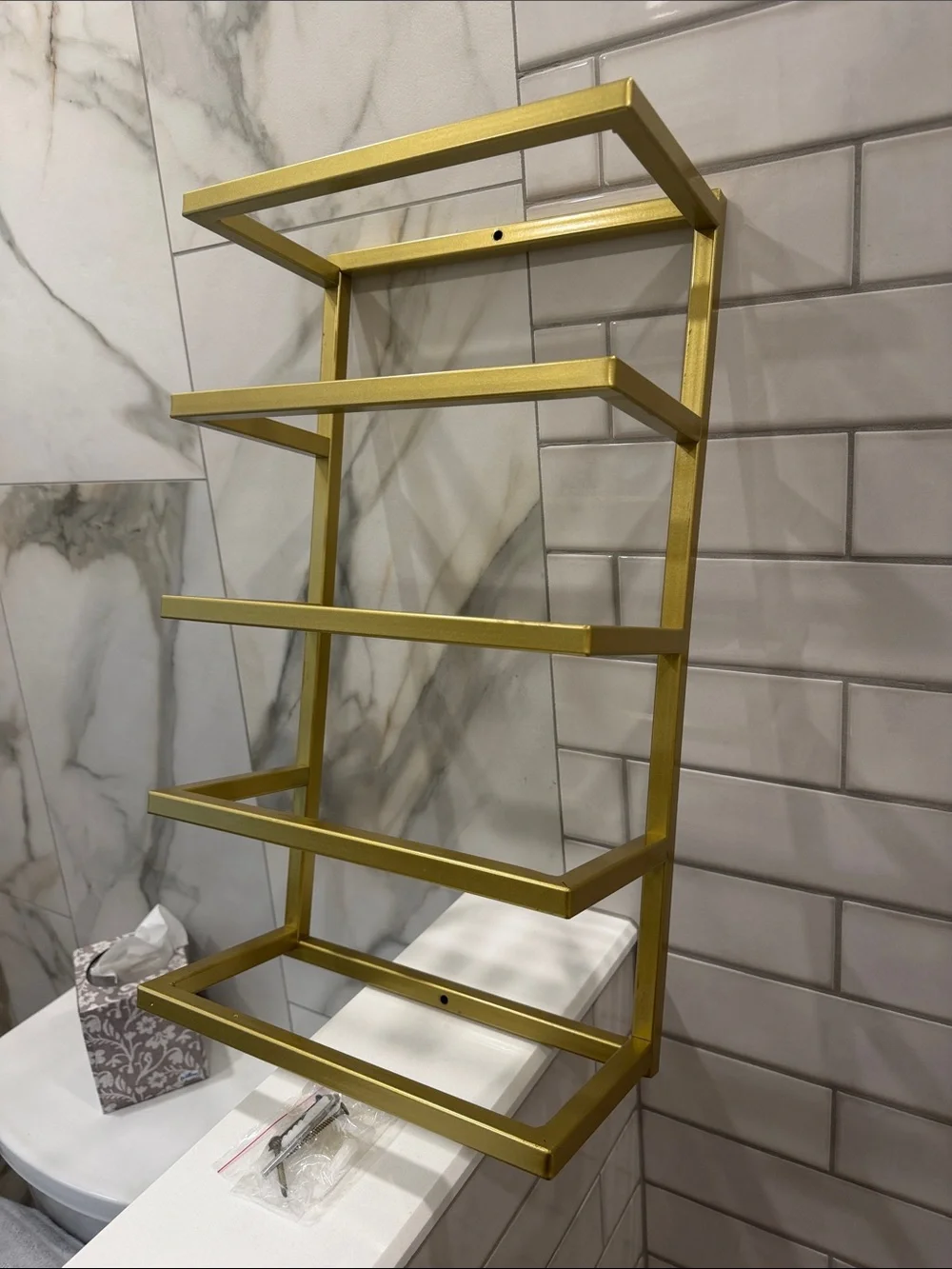Gold Wall-Mounted Towel Rack with Green and Beige Towels - Modern Bath Storage